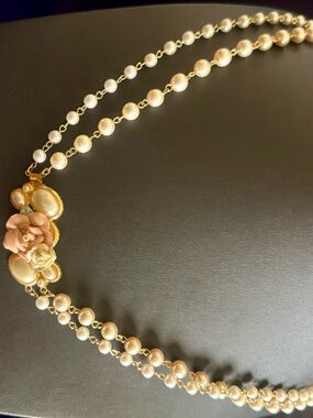 Gold Pearl Necklace with Pink Floral Accent - Women's Jewelry